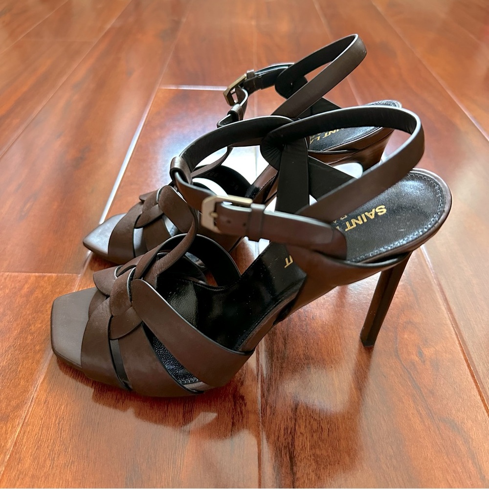 Saint Laurent Tribute Toffee Brown Woven Calf Leather High Heeled Sandals - Picture 6 of 15